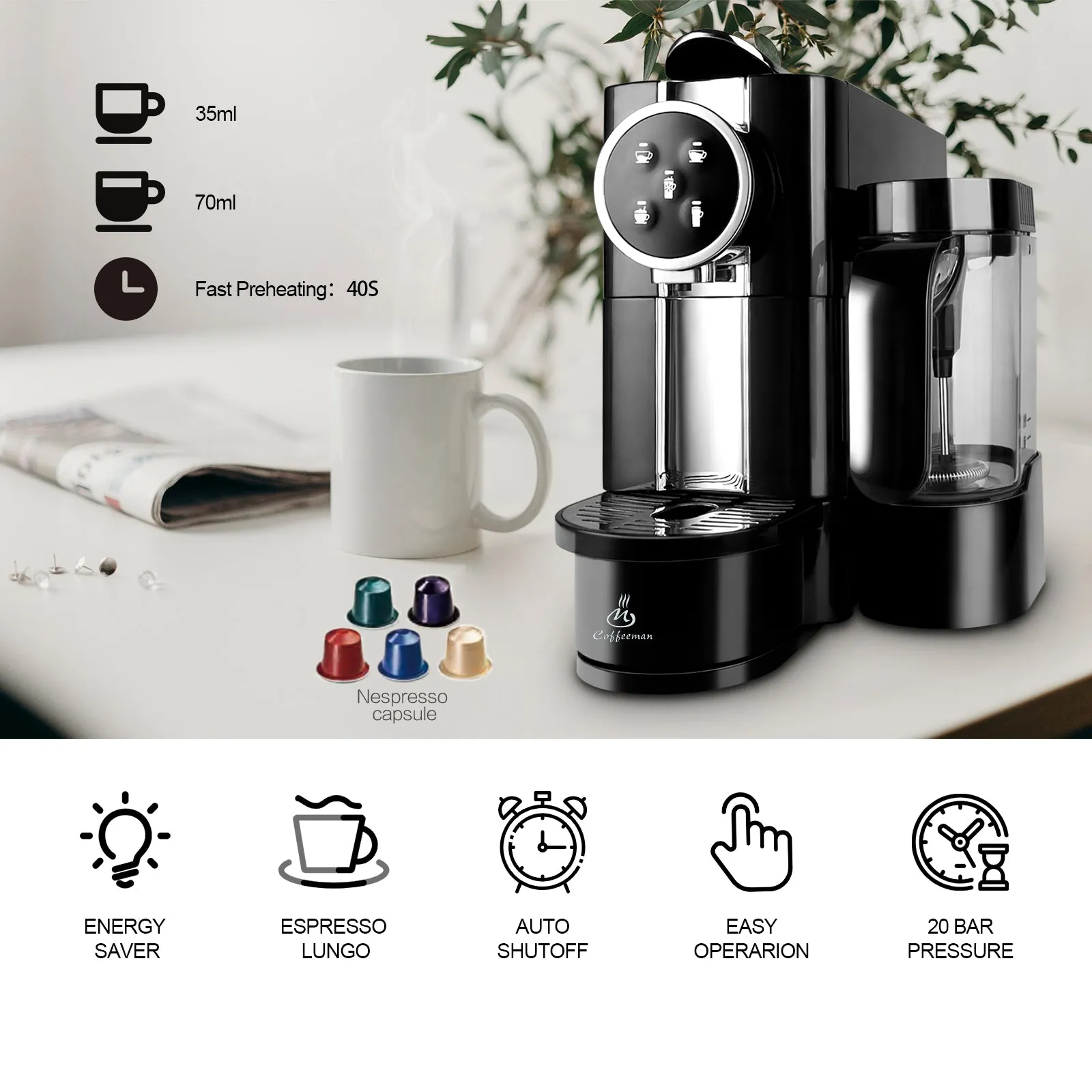 20 Bar Espresso Capsule Coffee Machine with Foaming Milk Frother 2 Cups