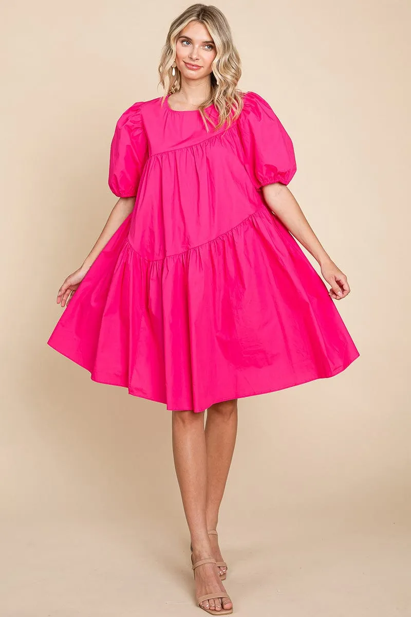 Poplin Puff Sleeve Tiered Cotton Dress