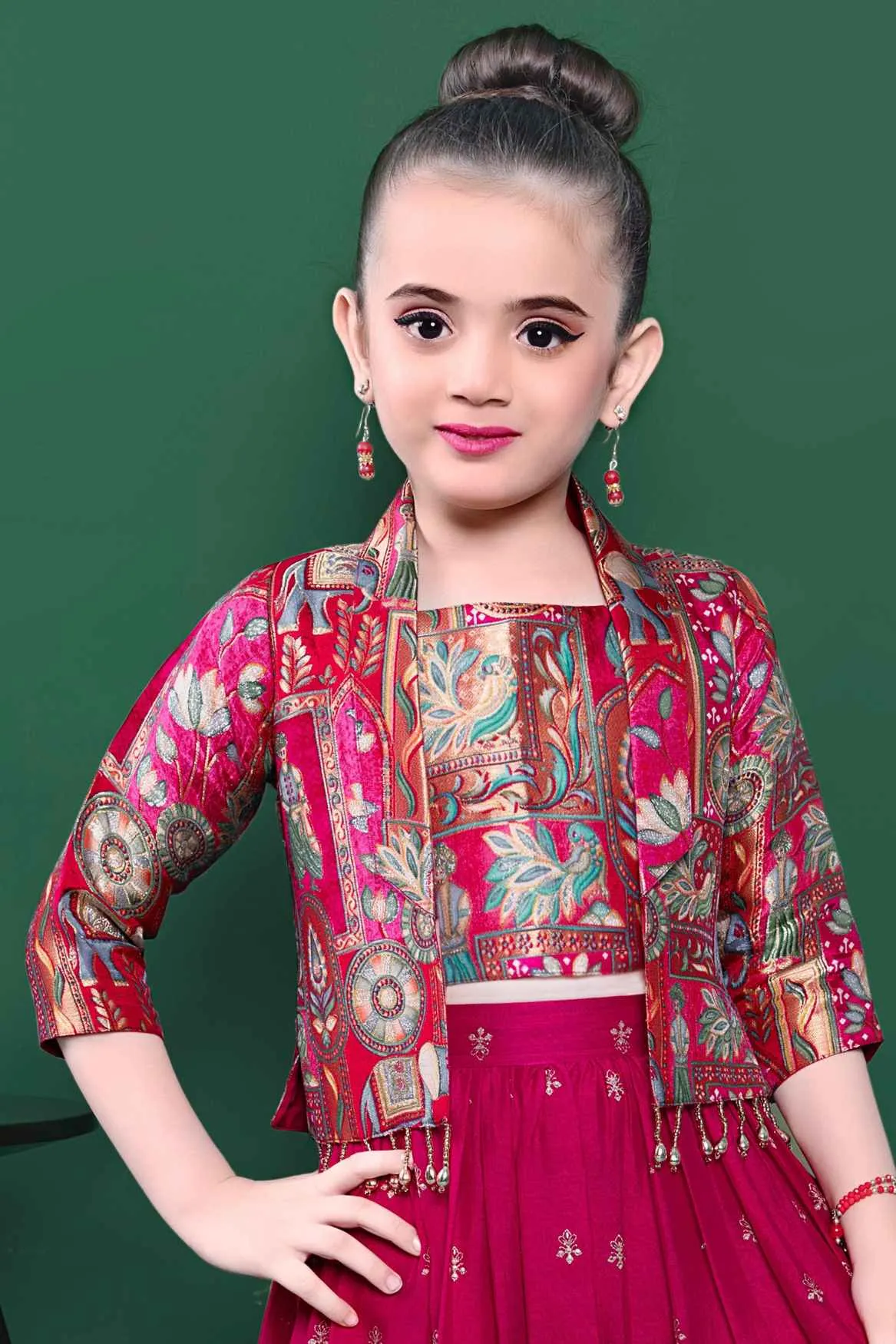 Rani Pink Zari Embroidered Palazzo Set With Overcoat  For Girls
