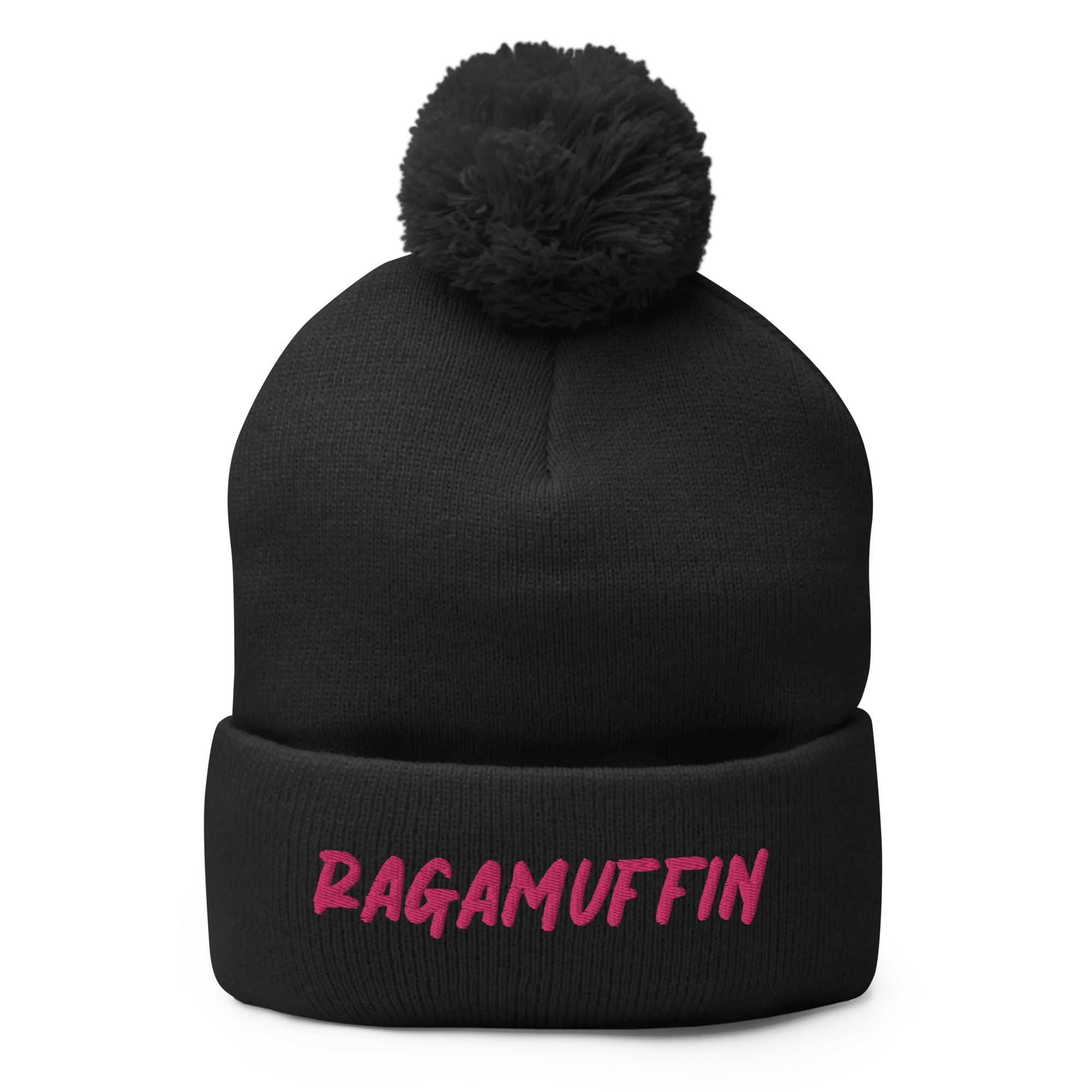 Retro Ragamuffin Beanie Pom Pom Winter Fold over Skullcap Embroidered Knit Hat