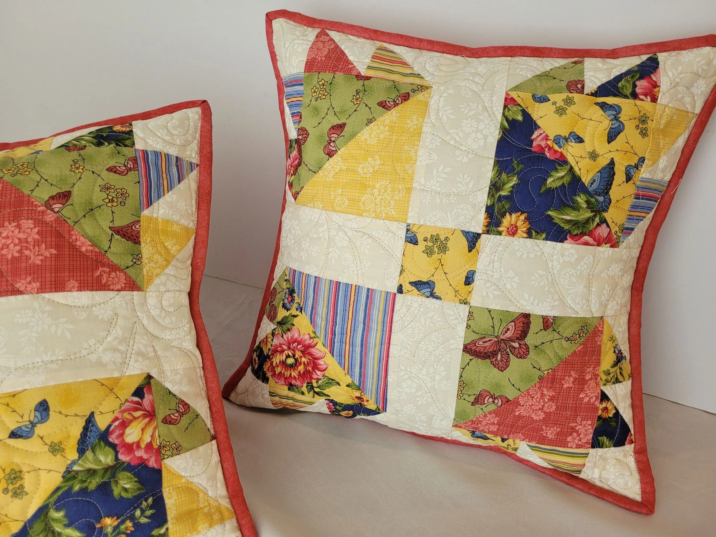 Summer Floral Quilted Pillow | Bear Paw Patchwork Throw Cushion