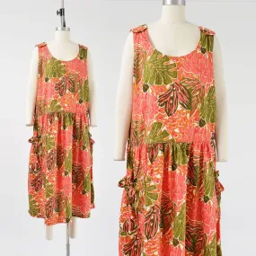 Vintage 90s Plus Size Tropical Leaf Print Drop Waist Sundress with Pockets XXL